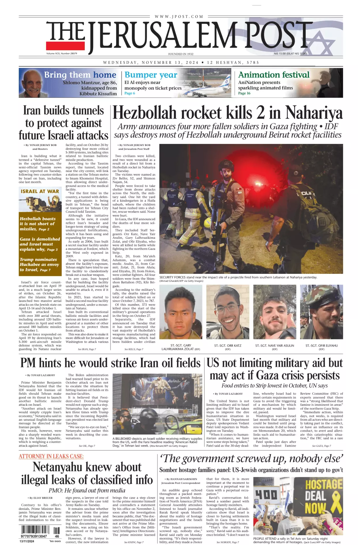 Prima-pagina-the jerusalem post-edizione-di-oggi-13-11-2024